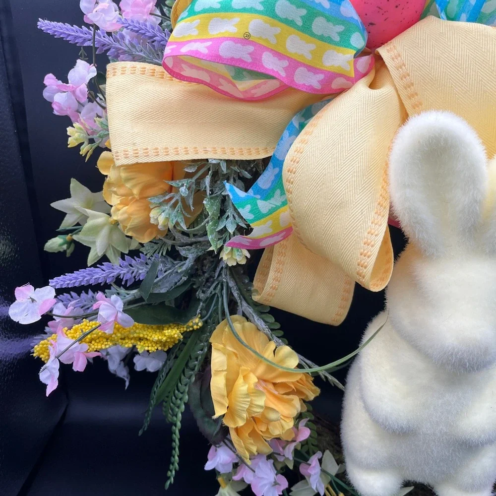 Easter Bunny Grapevine Wreath Yellow Velvet Rabbit Spring Floral Door 21
